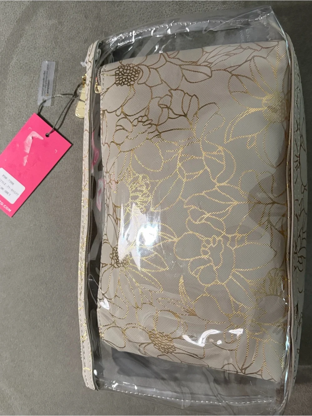 Vince Camuto PVC Floral Makeup Bag Set Beige/Gold/Clear Zipper Pouches